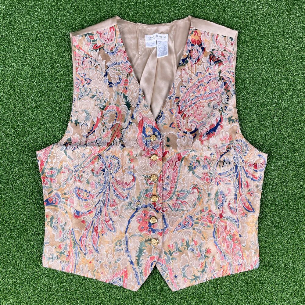 Vintage Liz Claiborne Pink Paisley Brocade Waistcoat Western Vest Sz Petite 14